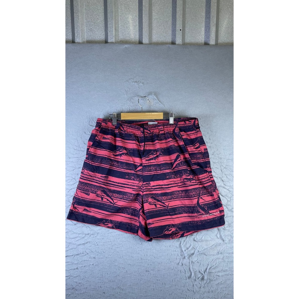 Columbia PFG Fishing Shorts Mens L Pink Navy Excellent Omni-Shade Fish Print